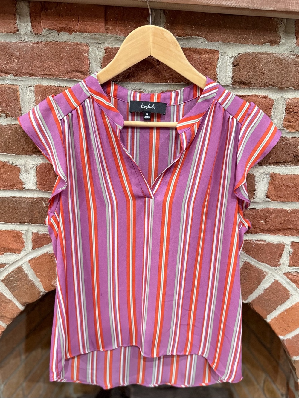 Lipslide Pink & Orange Striped V-Neck Cap Sleeve Blouse